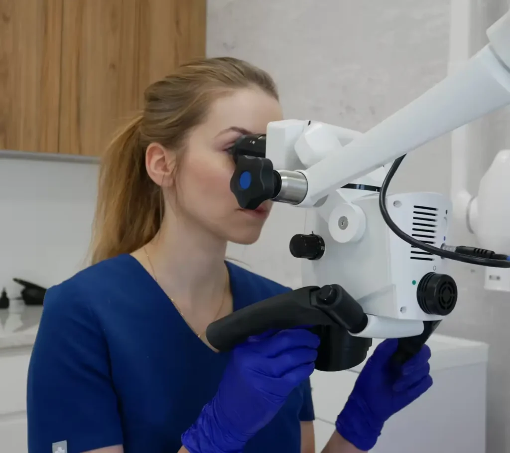 Doktor Dominika Wicherska-Spurek podczas leczenia za pomocą mikroskopu